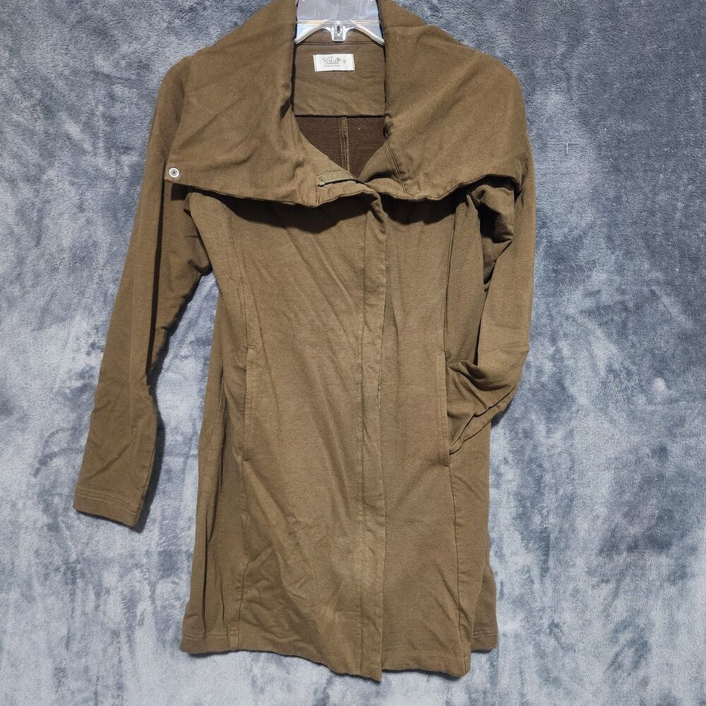 YALA Women's Small Olive Green Brown Drape Collar Snap Front Cotton Blend Jacket